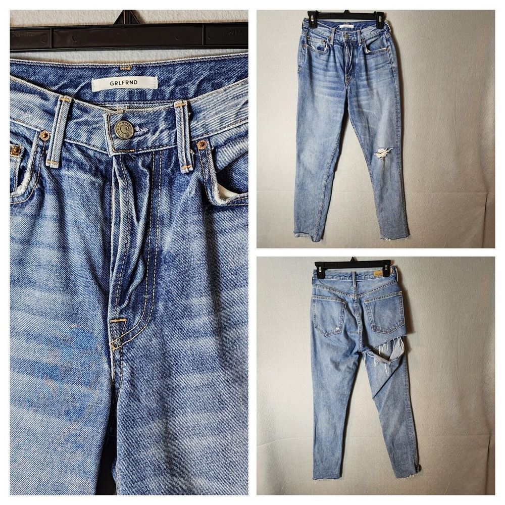 GRLFRND Karolina Raw Distressed Hem High Rise Button Fly Denim Jeans Women Sz 26